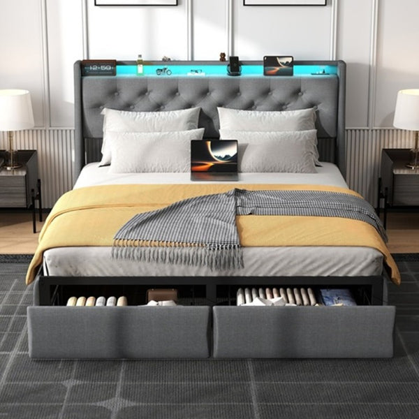 English Elm Full Steel Platform Bed Tufted Linen Headboard Storage Drawers RGB Charging Station W6101P527181