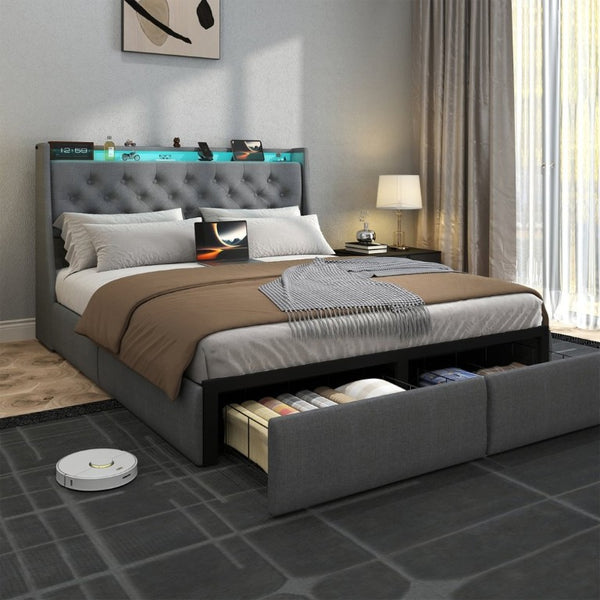 English Elm Full Steel Platform Bed Tufted Linen Headboard Storage Drawers RGB Charging Station W6101P527181