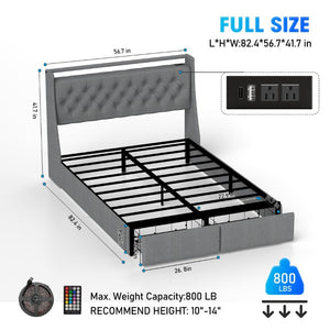 English Elm Full Steel Platform Bed Tufted Linen Headboard Storage Drawers RGB Charging Station W6101P527181