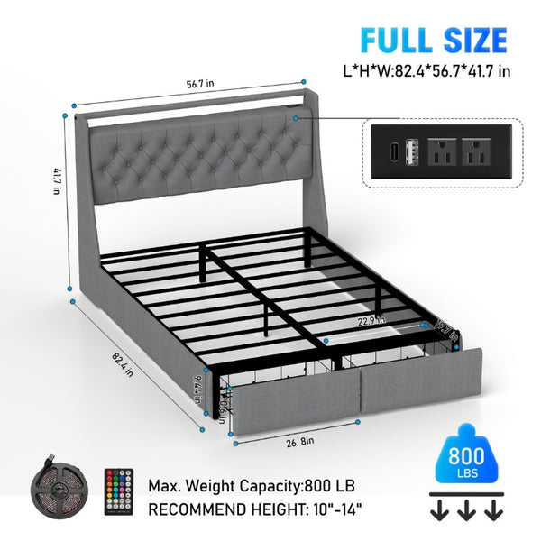 English Elm Full Steel Platform Bed Tufted Linen Headboard Storage Drawers RGB Charging Station W6101P527181