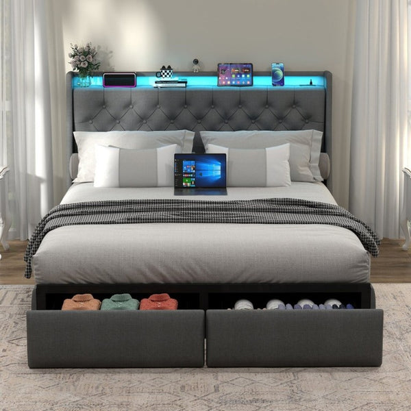 English Elm Queen Storage Platform Bed Tufted Linen Headboard RGB LED Built in Charging Station W6101P527188