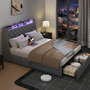 English Elm Queen Storage Platform Bed Tufted Linen Headboard RGB LED Built in Charging Station W6101P527188