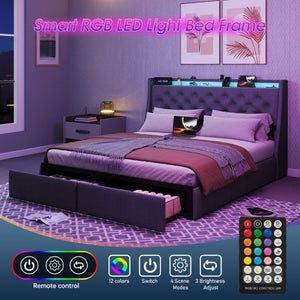 English Elm Queen Storage Platform Bed Tufted Linen Headboard RGB LED Built in Charging Station W6101P527188