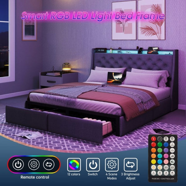 English Elm Queen Storage Platform Bed Tufted Linen Headboard RGB LED Built in Charging Station W6101P527188