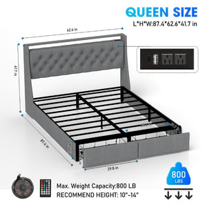 English Elm Queen Storage Platform Bed Tufted Linen Headboard RGB LED Built in Charging Station W6101P527188