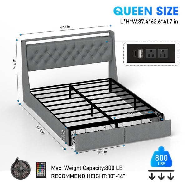 English Elm Queen Storage Platform Bed Tufted Linen Headboard RGB LED Built in Charging Station W6101P527188