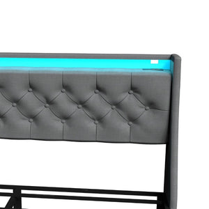 English Elm Queen Storage Platform Bed Tufted Linen Headboard RGB LED Built in Charging Station W6101P527188