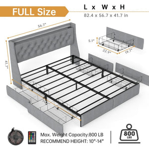 English Elm Full Platform Bed Linen Upholstered with LED Lighting Storage Drawers and Charging Hub W6101P527495
