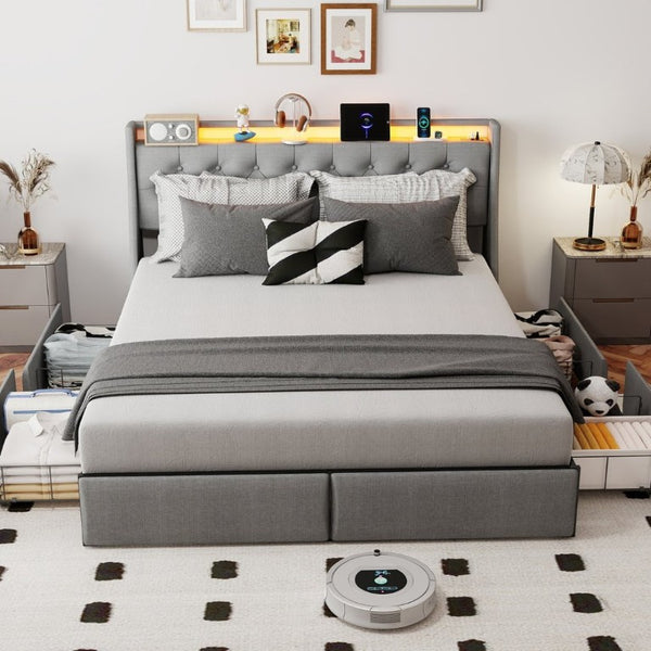 English Elm Queen Upholstered Storage Bed Linen Tufted Headboard RGB Lighting Charging Hub W6101P527497