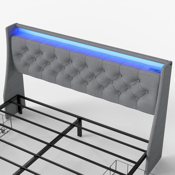 English Elm Queen Upholstered Storage Bed Linen Tufted Headboard RGB Lighting Charging Hub W6101P527497