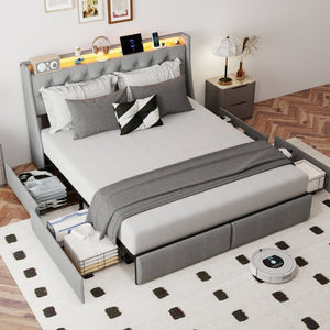 English Elm Queen Upholstered Storage Bed Linen Tufted Headboard RGB Lighting Charging Hub W6101P527497
