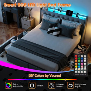 English Elm Queen Upholstered Storage Bed Linen Tufted Headboard RGB Lighting Charging Hub W6101P527497