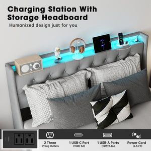 English Elm Queen Upholstered Storage Bed Linen Tufted Headboard RGB Lighting Charging Hub W6101P527497