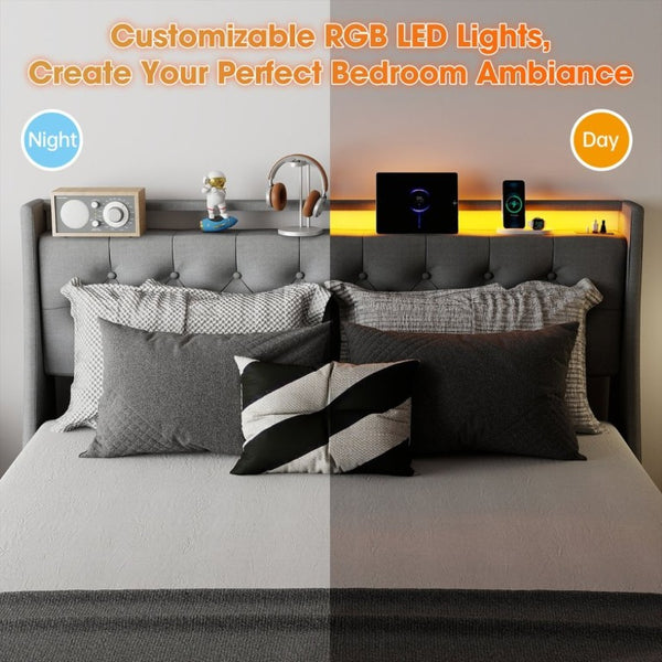 English Elm Queen Upholstered Storage Bed Linen Tufted Headboard RGB Lighting Charging Hub W6101P527497