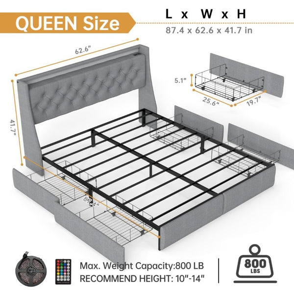 English Elm Queen Upholstered Storage Bed Linen Tufted Headboard RGB Lighting Charging Hub W6101P527497