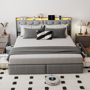 English Elm King Storage Bed Tufted Linen Headboard RGB Lighting Charging Station Four Drawers W6101P527498