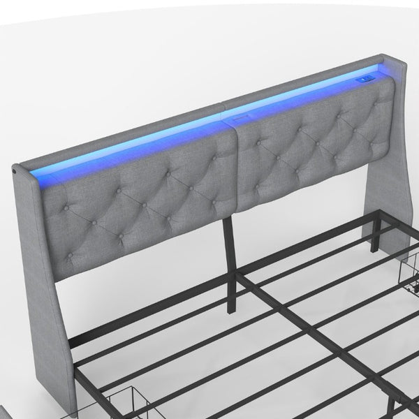English Elm King Storage Bed Tufted Linen Headboard RGB Lighting Charging Station Four Drawers W6101P527498