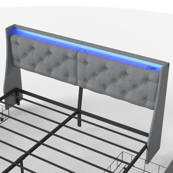 English Elm King Storage Bed Tufted Linen Headboard RGB Lighting Charging Station Four Drawers W6101P527498