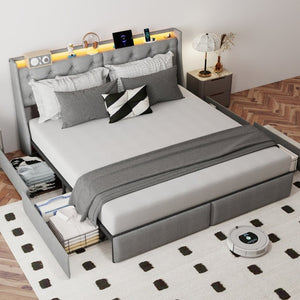 English Elm King Storage Bed Tufted Linen Headboard RGB Lighting Charging Station Four Drawers W6101P527498