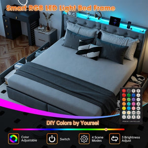 English Elm King Storage Bed Tufted Linen Headboard RGB Lighting Charging Station Four Drawers W6101P527498