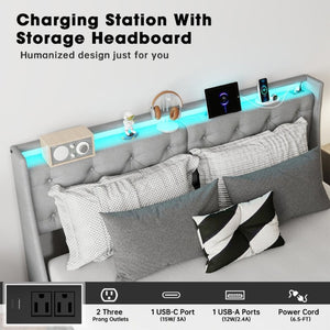 English Elm King Storage Bed Tufted Linen Headboard RGB Lighting Charging Station Four Drawers W6101P527498