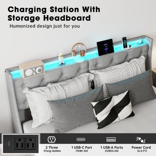 English Elm King Storage Bed Tufted Linen Headboard RGB Lighting Charging Station Four Drawers W6101P527498