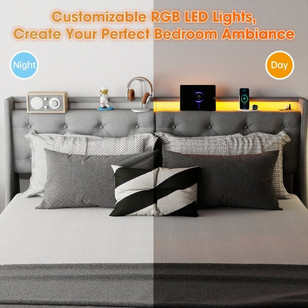 English Elm King Storage Bed Tufted Linen Headboard RGB Lighting Charging Station Four Drawers W6101P527498