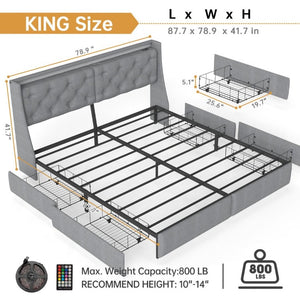 English Elm King Storage Bed Tufted Linen Headboard RGB Lighting Charging Station Four Drawers W6101P527498