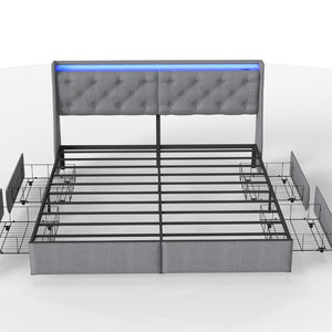 English Elm King Storage Bed Tufted Linen Headboard RGB Lighting Charging Station Four Drawers W6101P527498