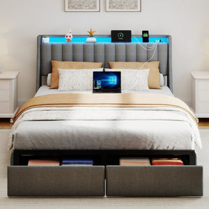 English Elm Grey Queen Platform Bed Tufted Linen Headboard LED Lighting Drawers Charging Ports W6101P527542