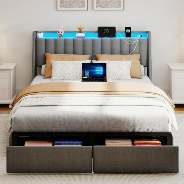 English Elm Grey Queen Platform Bed Tufted Linen Headboard LED Lighting Drawers Charging Ports W6101P527542