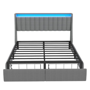 English Elm Grey Queen Platform Bed Tufted Linen Headboard LED Lighting Drawers Charging Ports W6101P527542