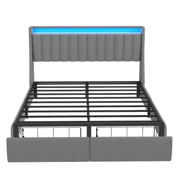 English Elm Grey Queen Platform Bed Tufted Linen Headboard LED Lighting Drawers Charging Ports W6101P527542