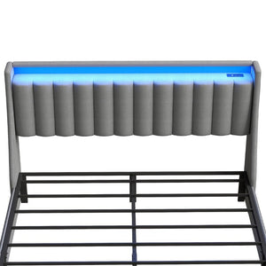 English Elm Grey Queen Platform Bed Tufted Linen Headboard LED Lighting Drawers Charging Ports W6101P527542