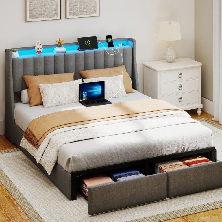 English Elm Grey Queen Platform Bed Tufted Linen Headboard LED Lighting Drawers Charging Ports W6101P527542