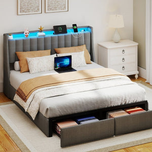 English Elm Grey Queen Platform Bed Tufted Linen Headboard LED Lighting Drawers Charging Ports W6101P527542