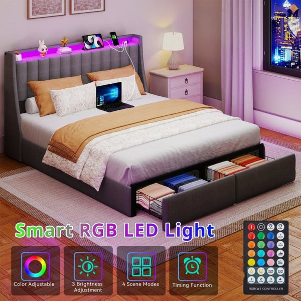 English Elm Grey Queen Platform Bed Tufted Linen Headboard LED Lighting Drawers Charging Ports W6101P527542