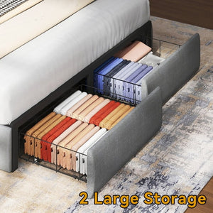English Elm Grey Queen Platform Bed Tufted Linen Headboard LED Lighting Drawers Charging Ports W6101P527542