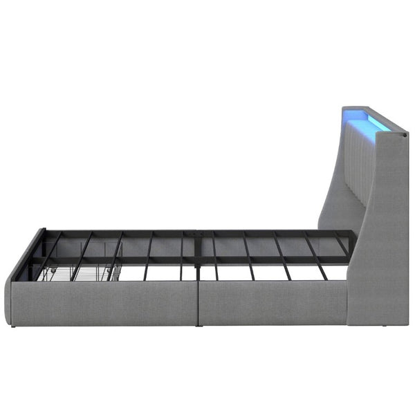 English Elm Grey Queen Platform Bed Tufted Linen Headboard LED Lighting Drawers Charging Ports W6101P527542