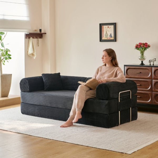English Elm 78.8 Inch Corduroy Modular Floor Sofa Bed Convertible Sectional for Living Room Black W6119P521170