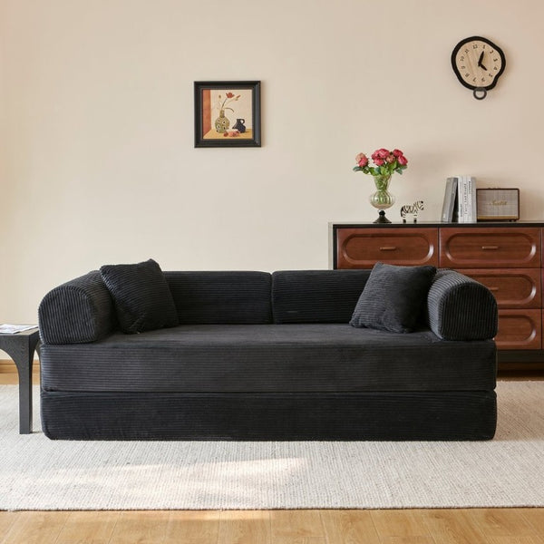 English Elm 78.8 Inch Corduroy Modular Floor Sofa Bed Convertible Sectional for Living Room Black W6119P521170