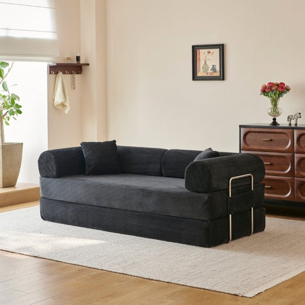 English Elm 78.8 Inch Corduroy Modular Floor Sofa Bed Convertible Sectional for Living Room Black W6119P521170
