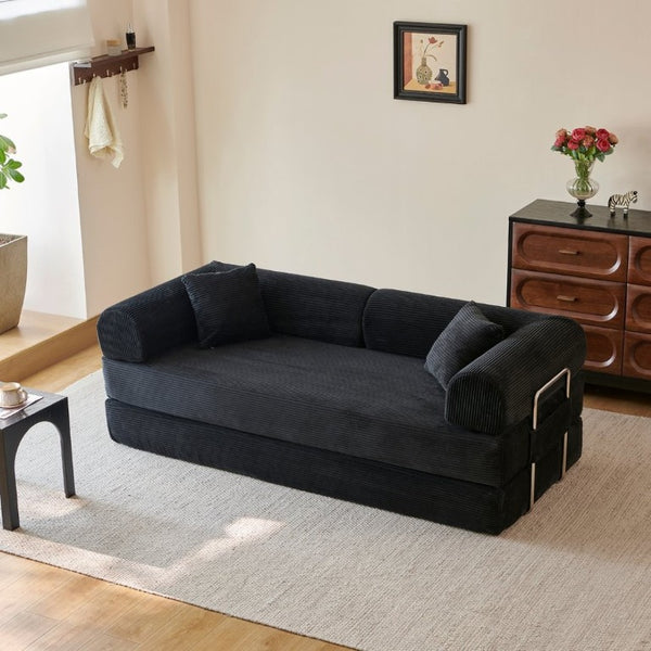 English Elm 78.8 Inch Corduroy Modular Floor Sofa Bed Convertible Sectional for Living Room Black W6119P521170
