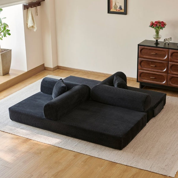 English Elm 78.8 Inch Corduroy Modular Floor Sofa Bed Convertible Sectional for Living Room Black W6119P521170