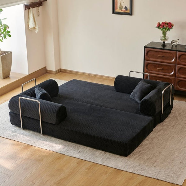English Elm 78.8 Inch Corduroy Modular Floor Sofa Bed Convertible Sectional for Living Room Black W6119P521170