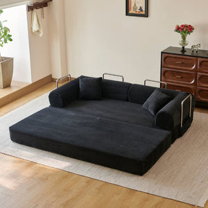English Elm 78.8 Inch Corduroy Modular Floor Sofa Bed Convertible Sectional for Living Room Black W6119P521170