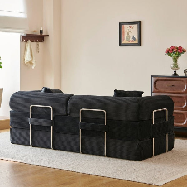 English Elm 78.8 Inch Corduroy Modular Floor Sofa Bed Convertible Sectional for Living Room Black W6119P521170