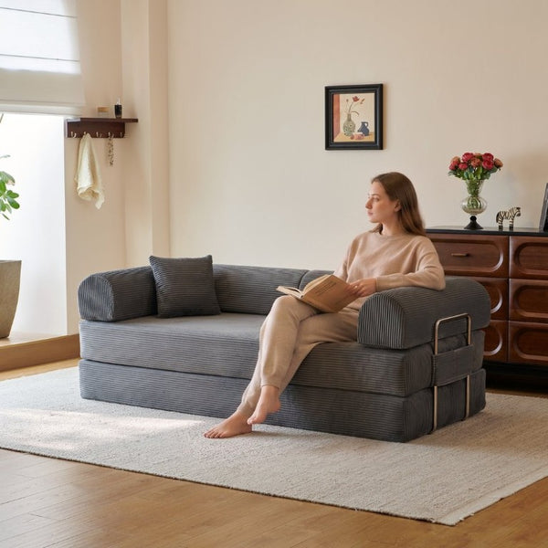 English Elm 78.8 Inch Corduroy Modular Floor Sofa Bed Convertible Sectional for Living Room Grey W6119P521171