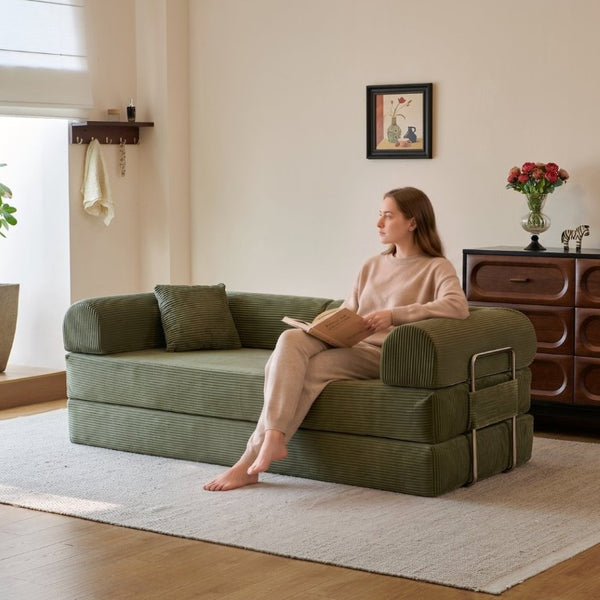 English Elm 78.8 Inch Corduroy Modular Floor Sofa Bed Convertible Sectional for Living Room Green W6119P521174