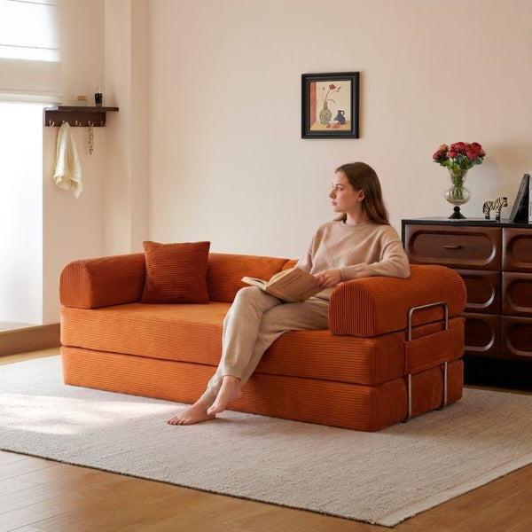 English Elm 78.8 Inch Corduroy Modular Floor Sofa Bed Convertible Sectional for Living Room Tangerine W6119P521175